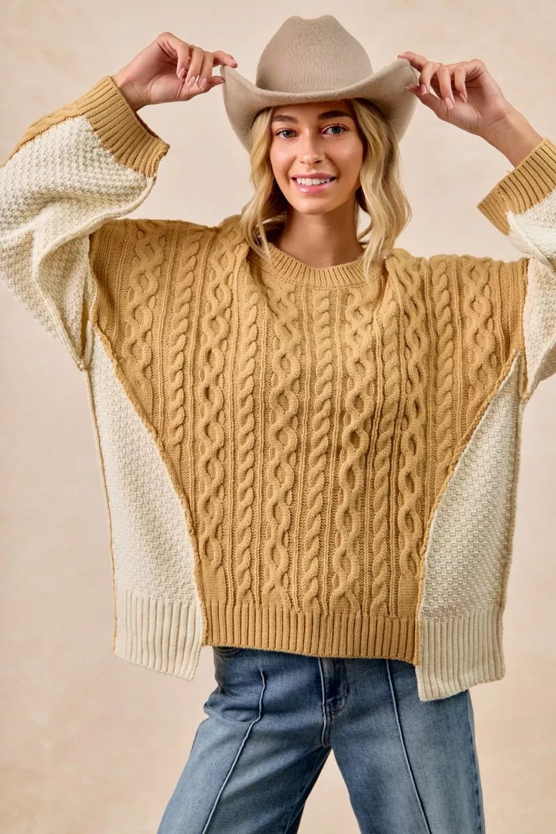 Mustard Ivory Cable Knit Hacci Combo Sweater in Lt mustard/ivory by BiBi