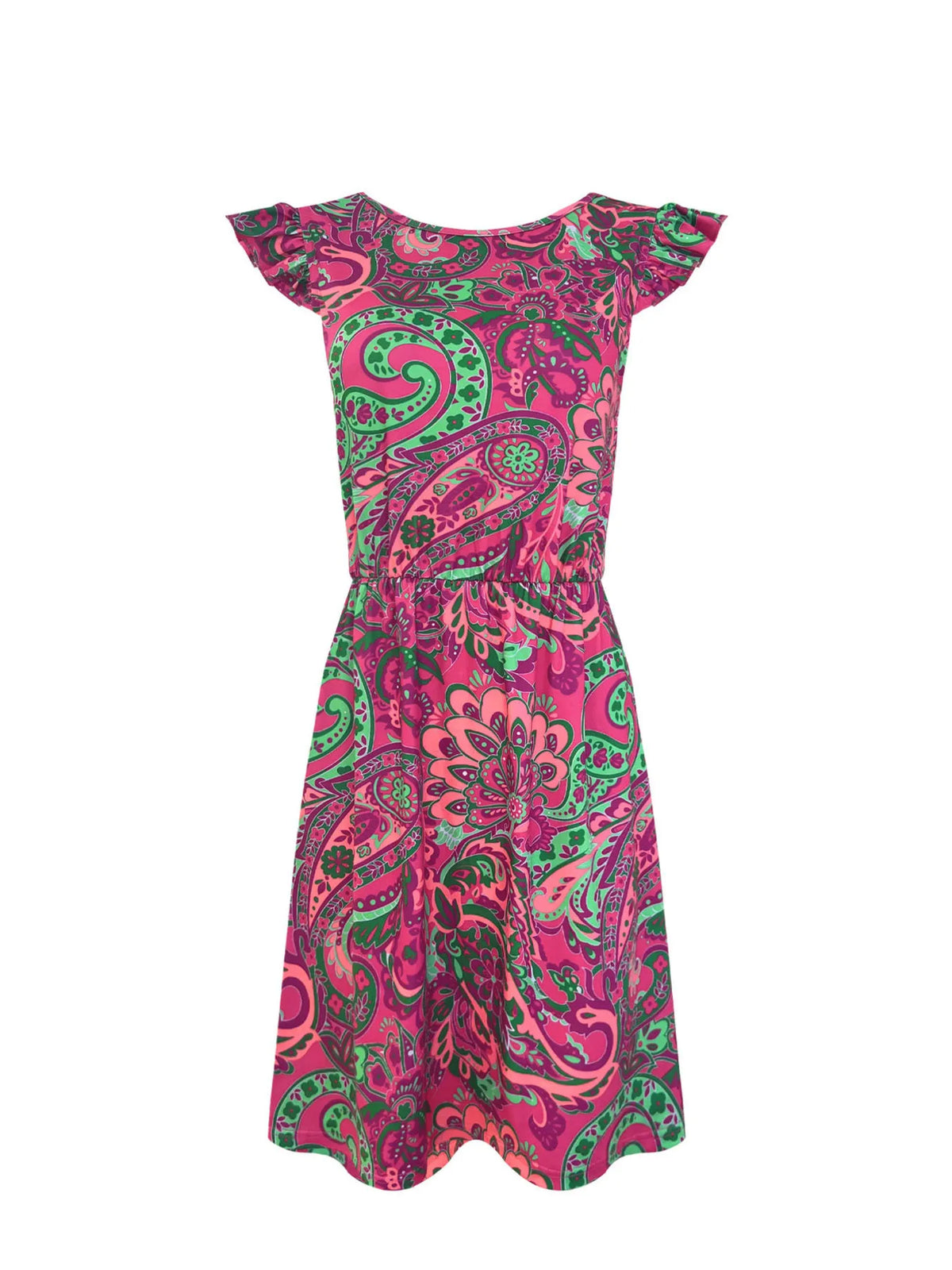 Paisley Print Ruffle Sleeve Mini Dress in Fuchsia Pink