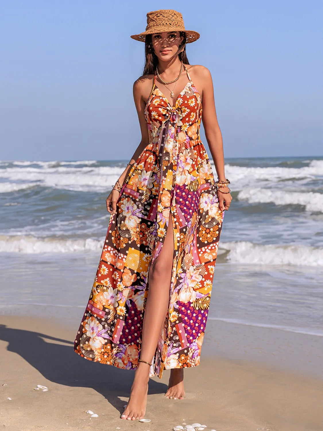 Printed Halter Neck Cami Dress in Multicolor