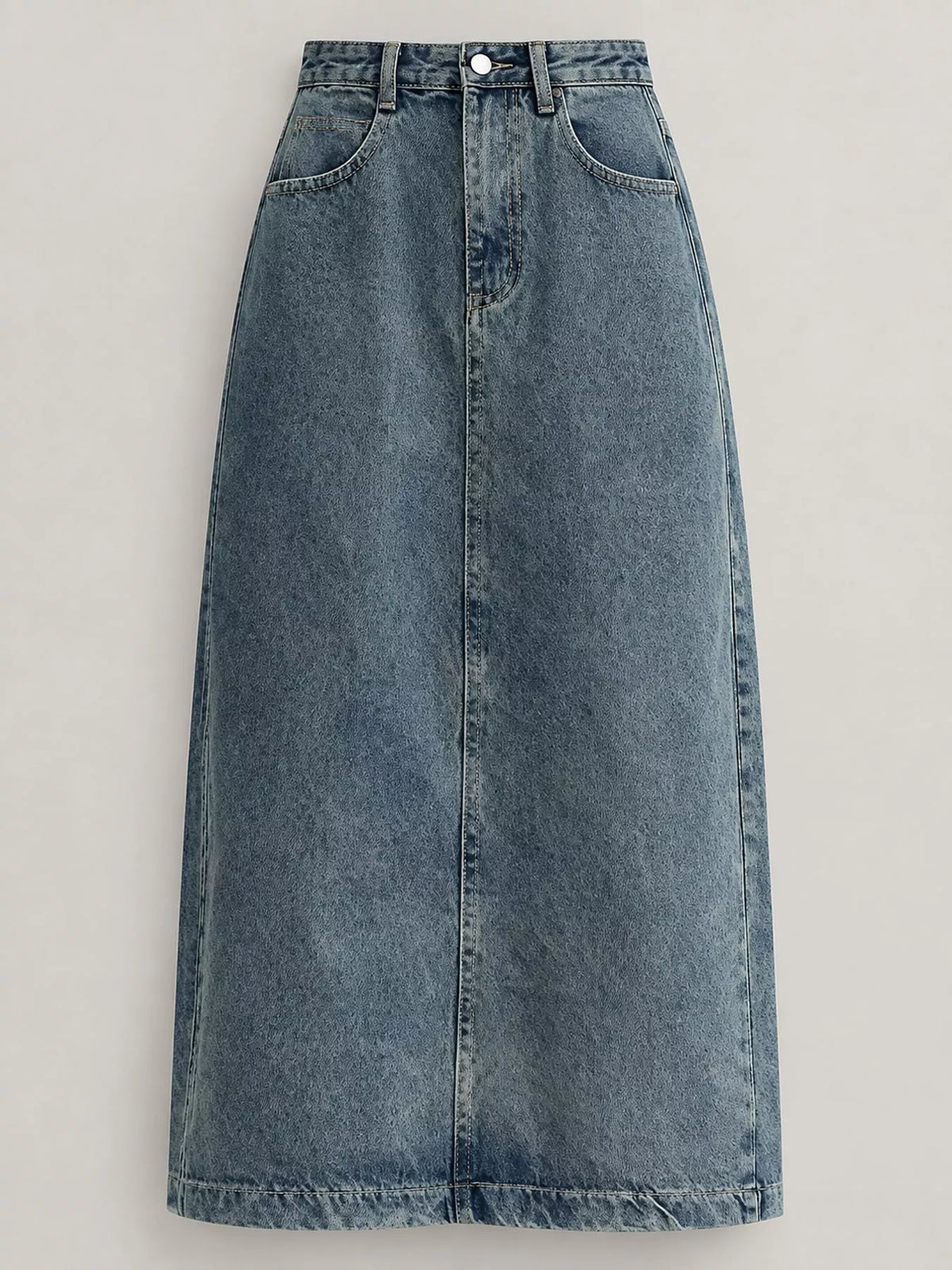 High-Waisted Vintage Wash Midi Denim Skirt