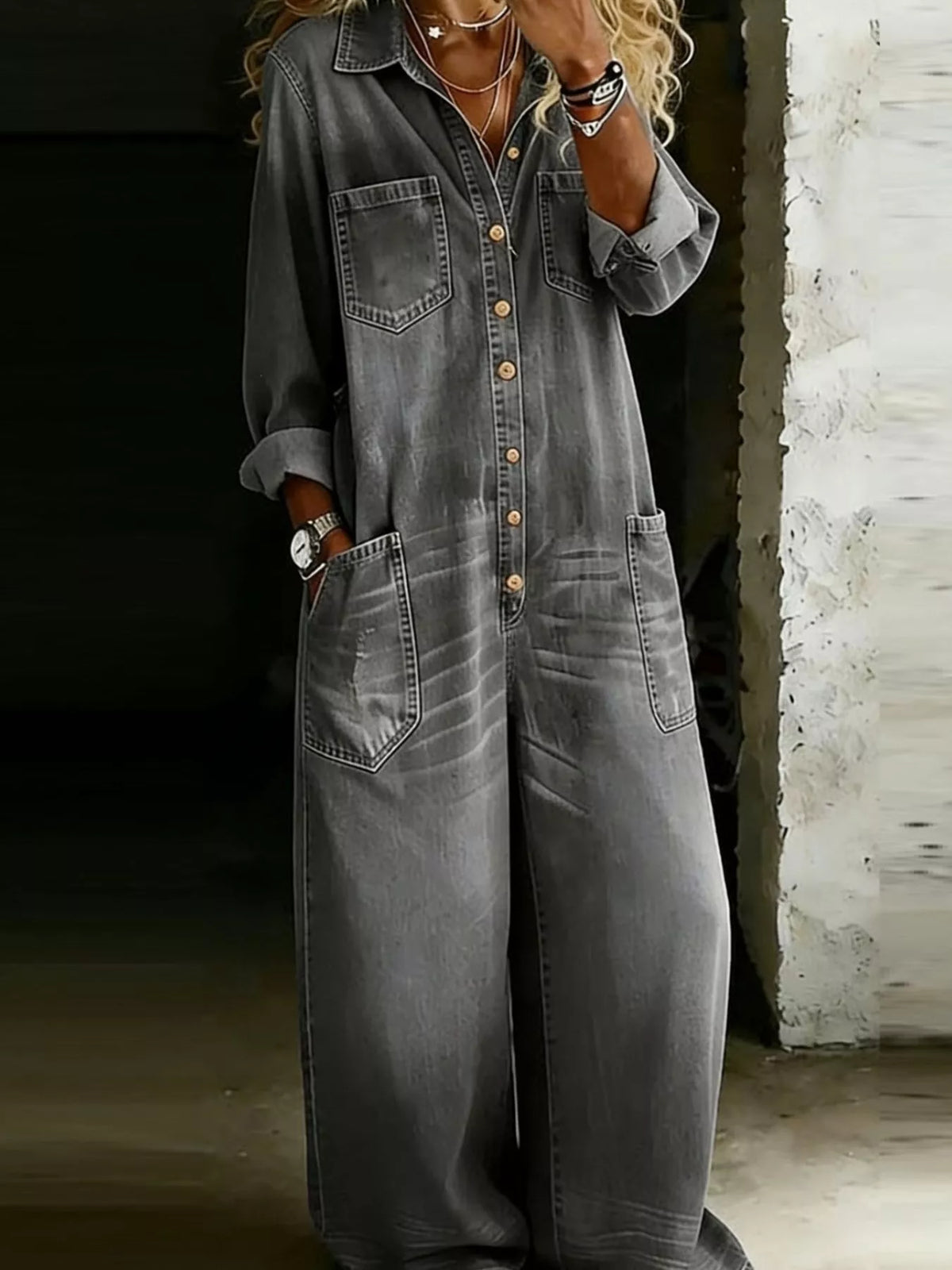 Button Front Wide-Leg Jumpsuit with Chest Pockets