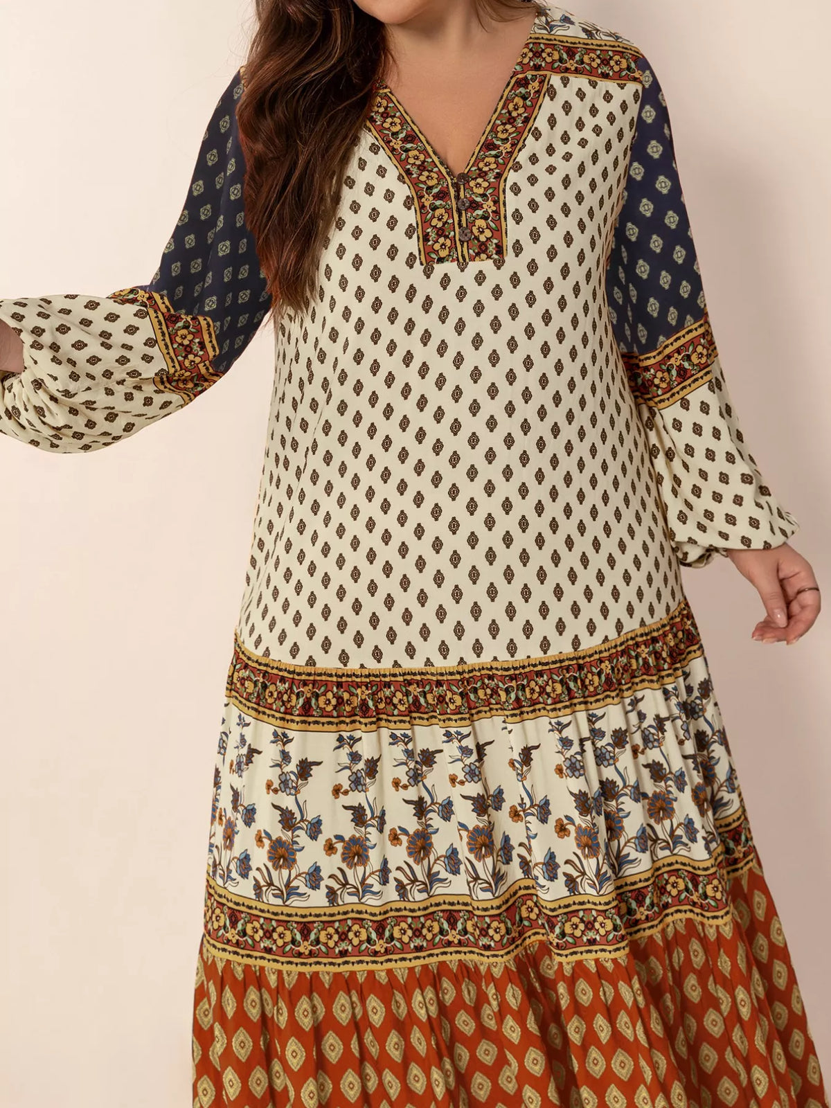 Notched Balloon-Sleeve Maxi Dress in Caramel