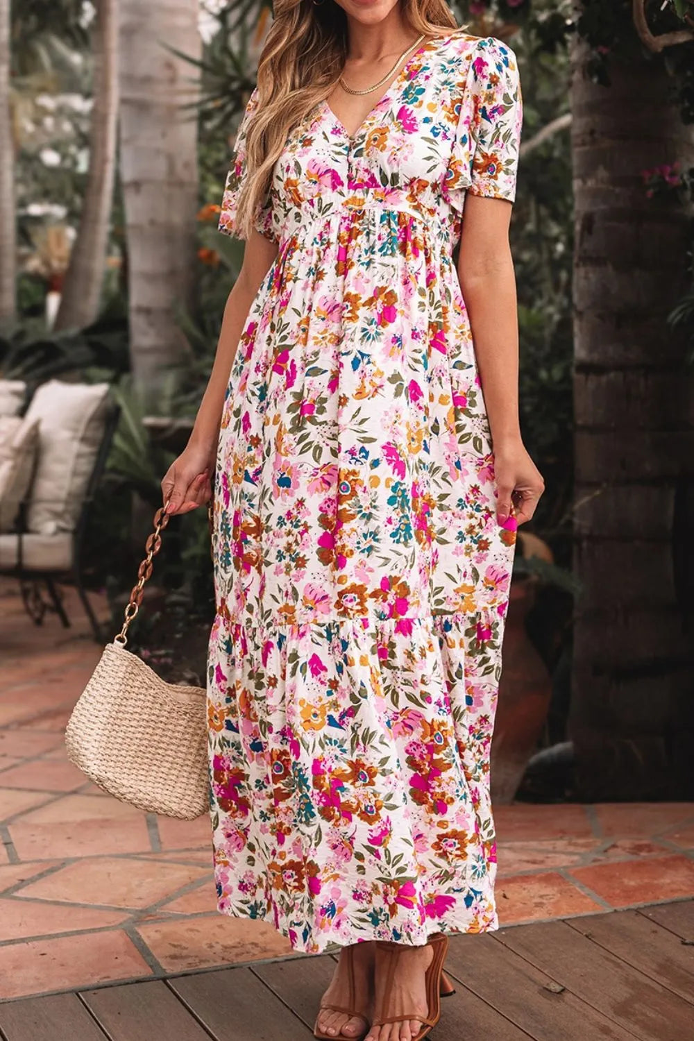 Floral V Neck Dress with Pockets