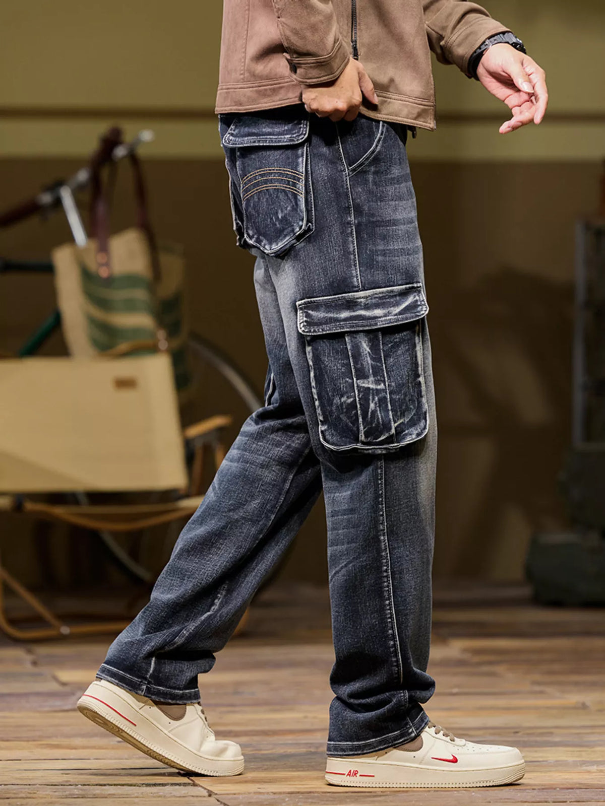 Loose Fit Cargo Jeans in Black by True Self