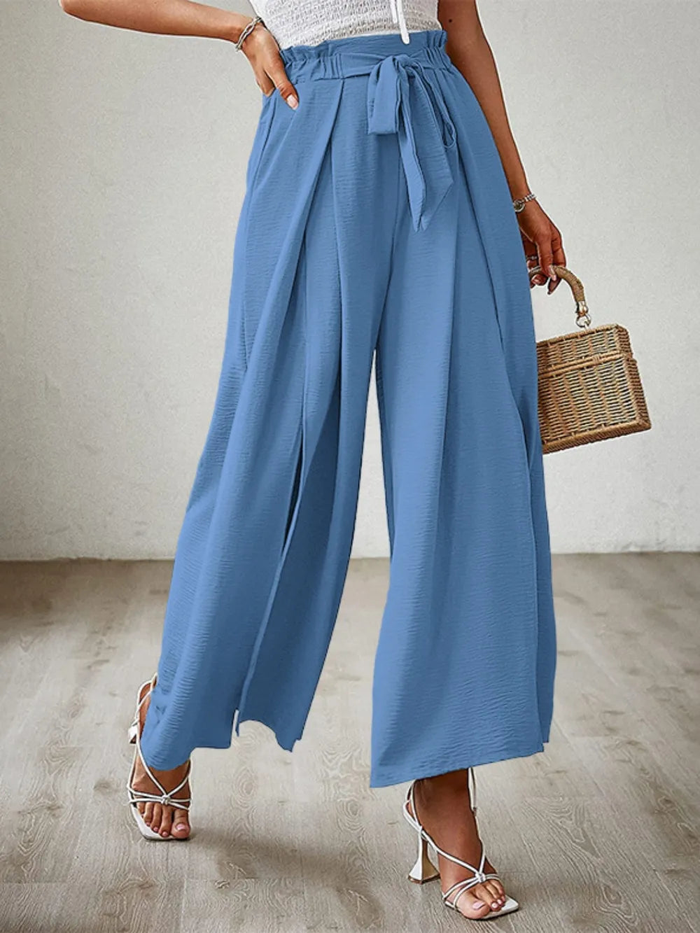 Wide Leg Pants with Tie and Slit