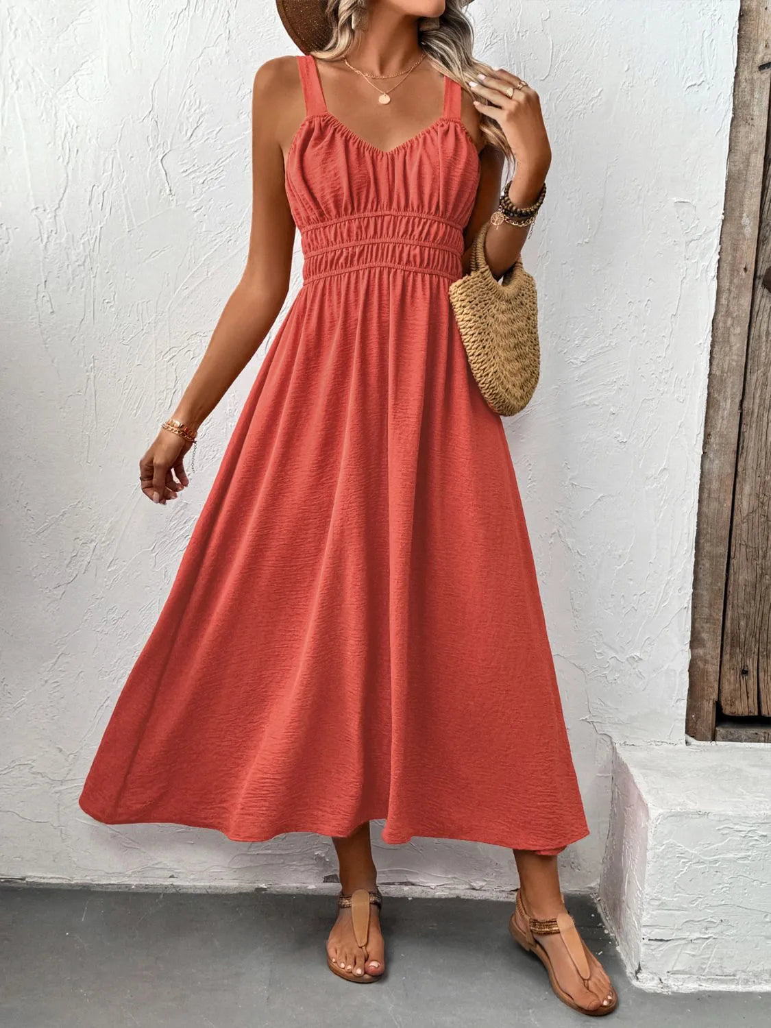 V-Neck Cami Midi Dress in Orange-Red