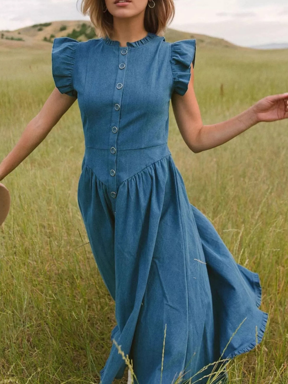 Ruffled Cap Sleeve Denim Dress in Navy Blue