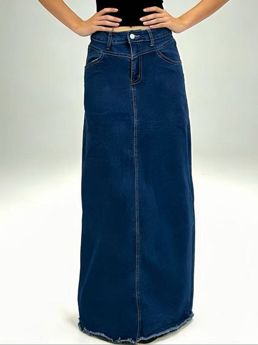 Raw Hem Maxi Denim Skirt by Dreamy Drapes