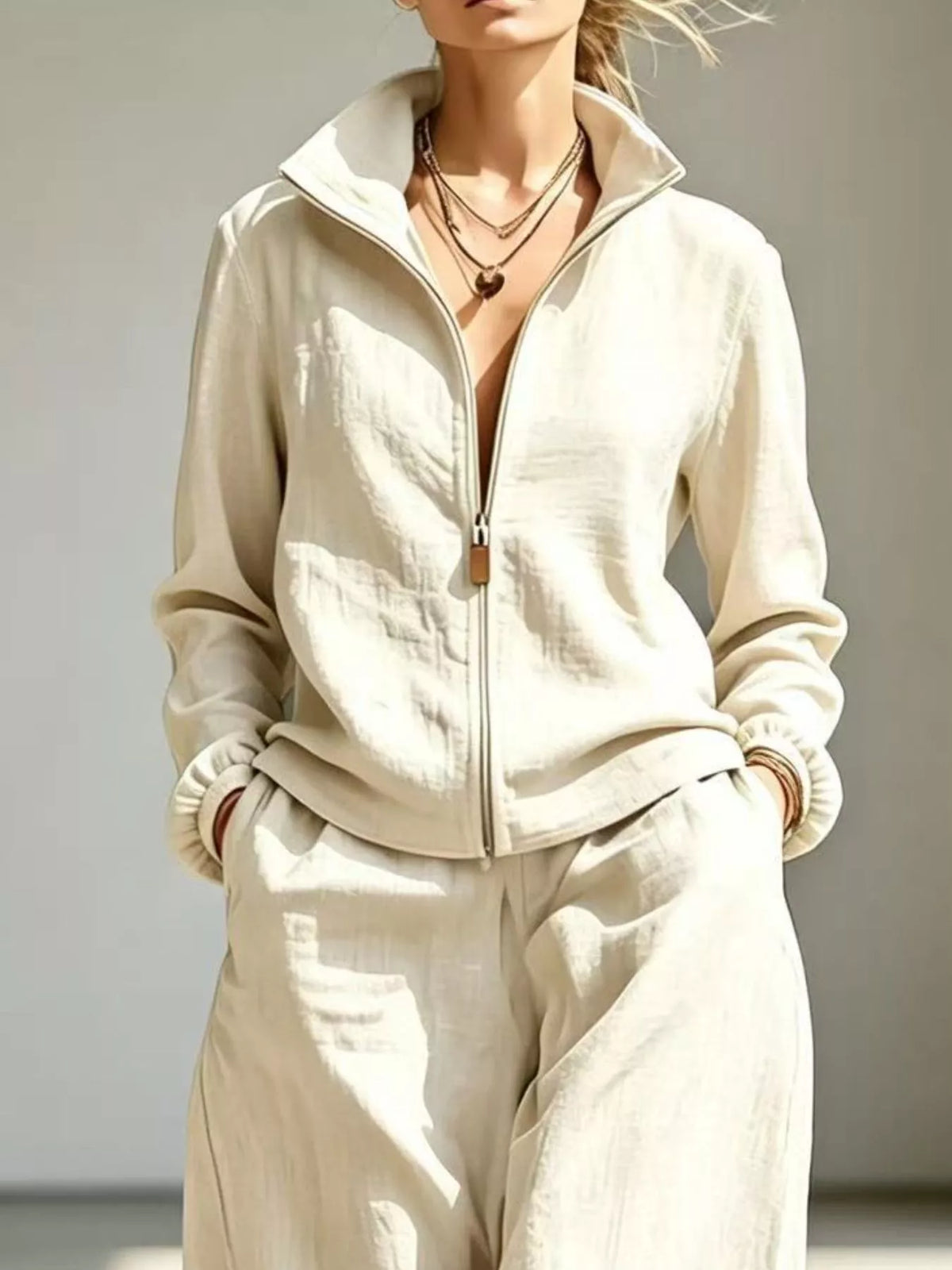 Zip-Up Jacket and Wide-Leg Pants Set in Peacock Blue