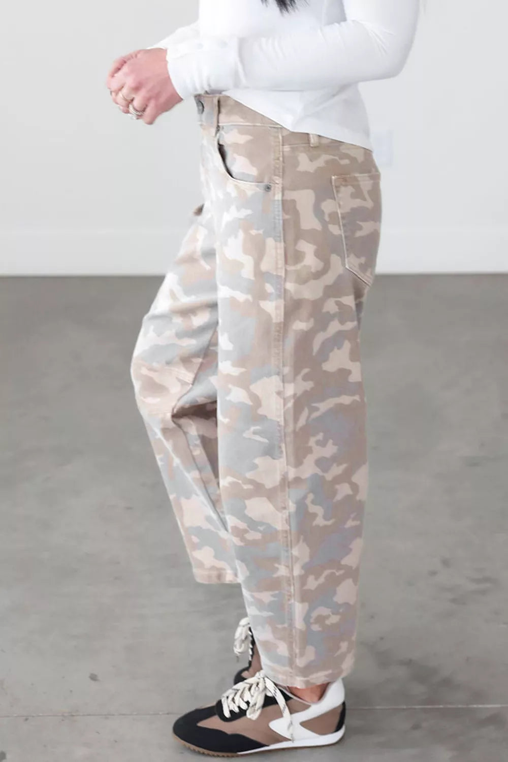 Camouflage Print Ankle Barrel Jeans in Dust Storm