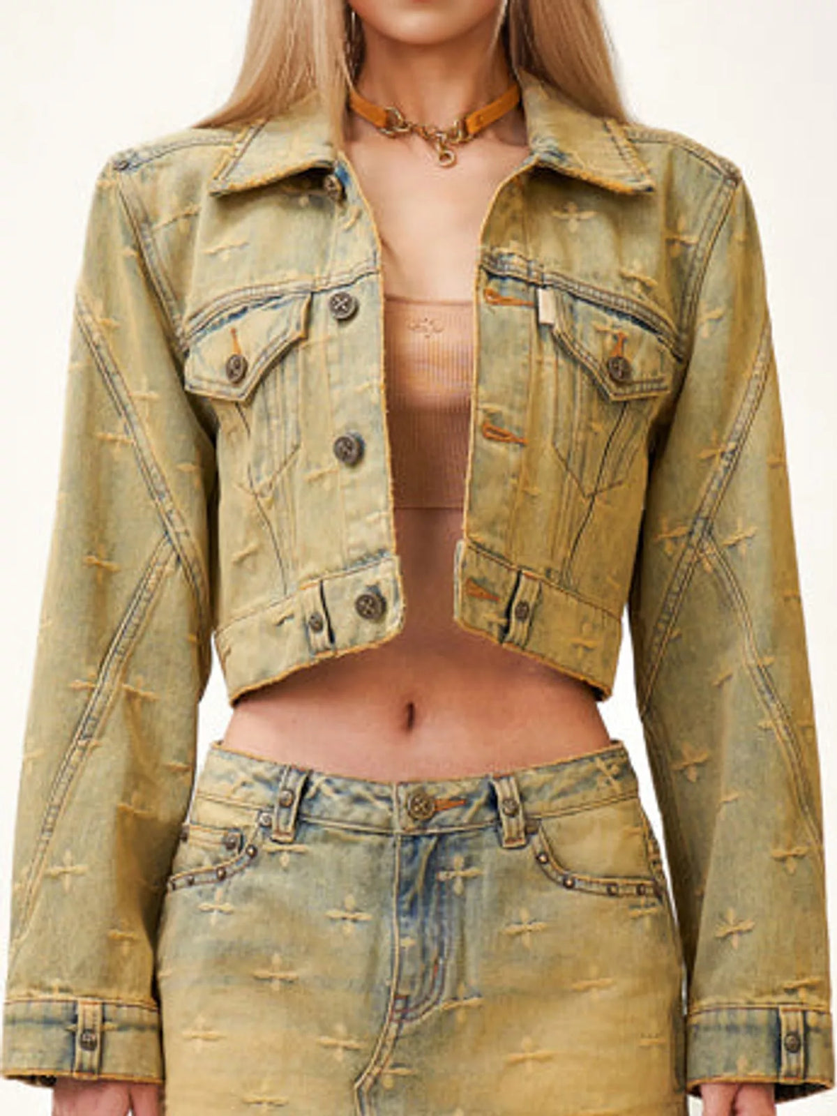 Embroidered Cropped Denim Jacket in Aurora Blue