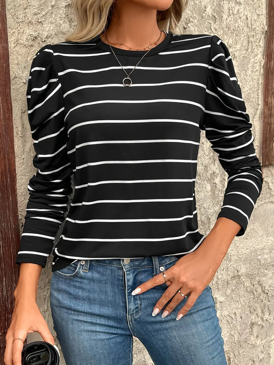 Striped Puff Sleeve T-Shirt in Black
