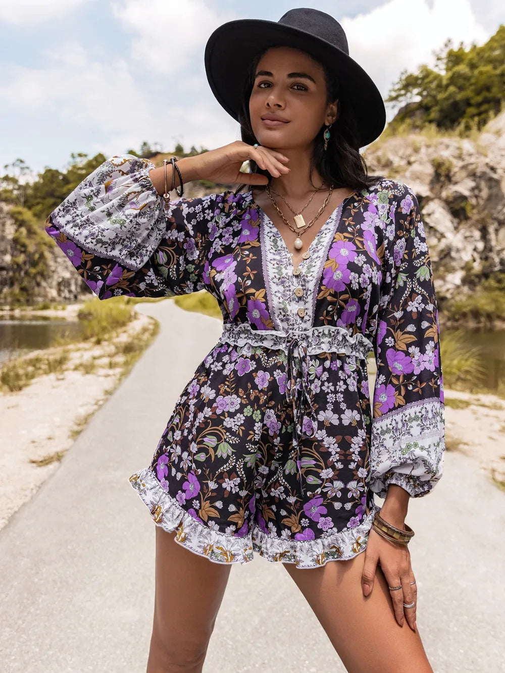 Balloon Sleeve Romper in Mauve