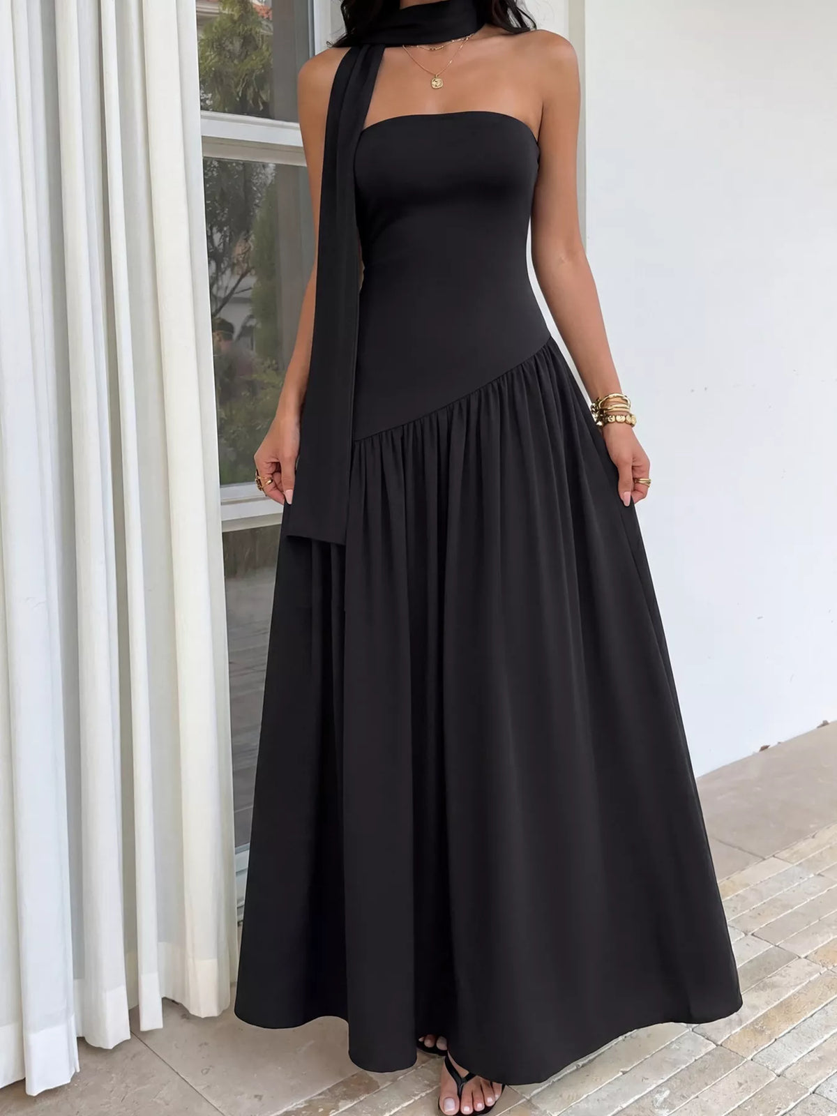 Slit Tube Maxi Dress with Scarf in Black