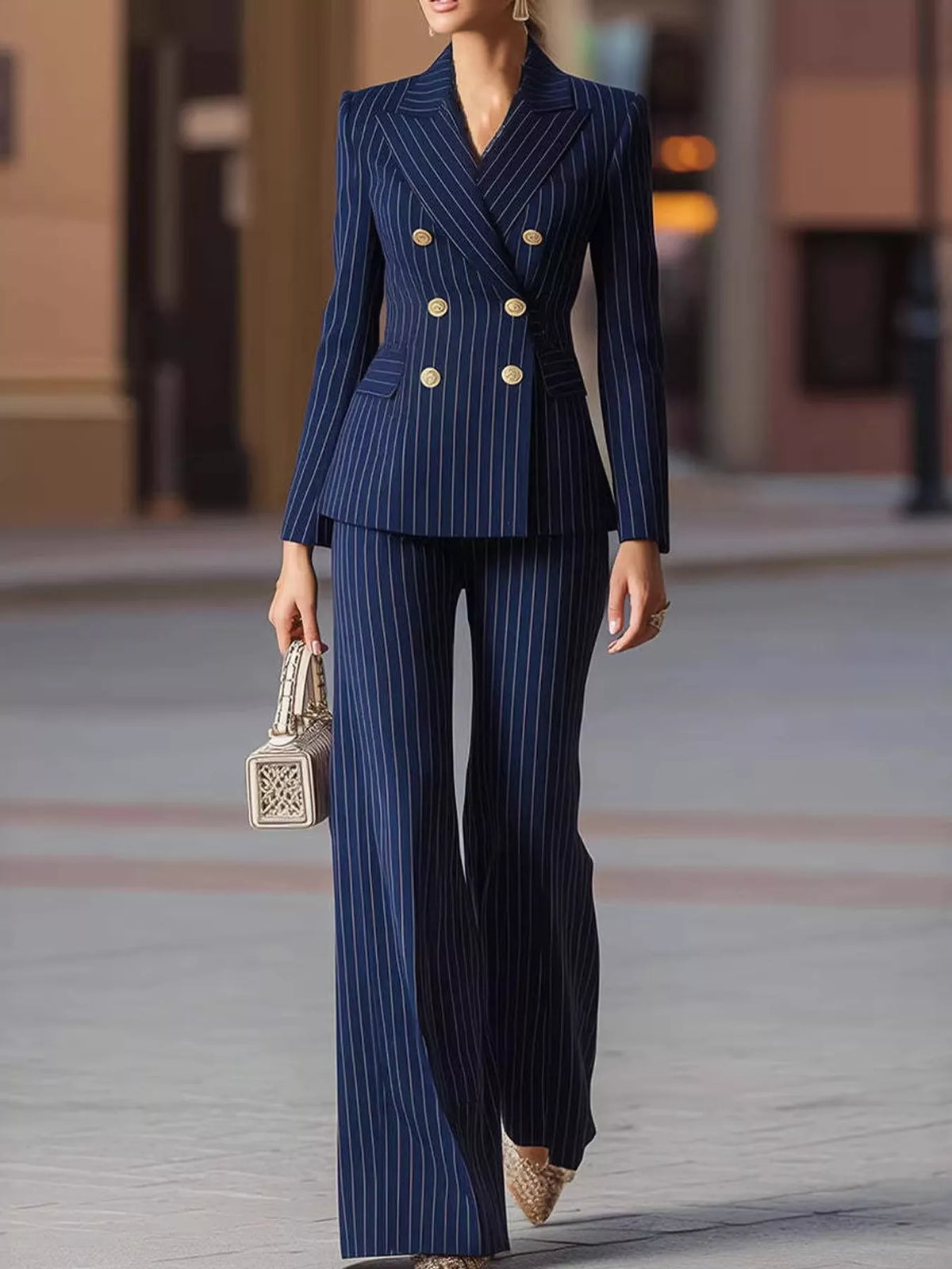 Double-Breasted Pinstripe Blazer and Pants Set