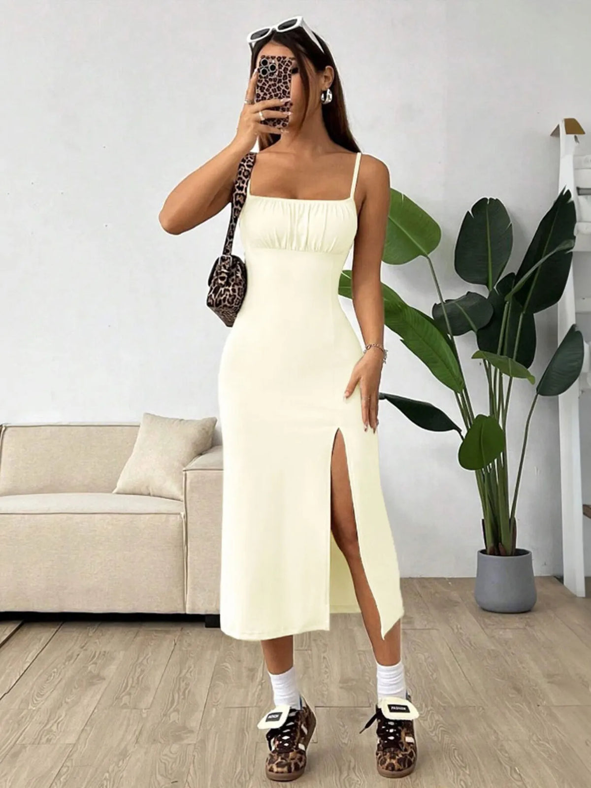 Ruched Slit Cami Midi Dress