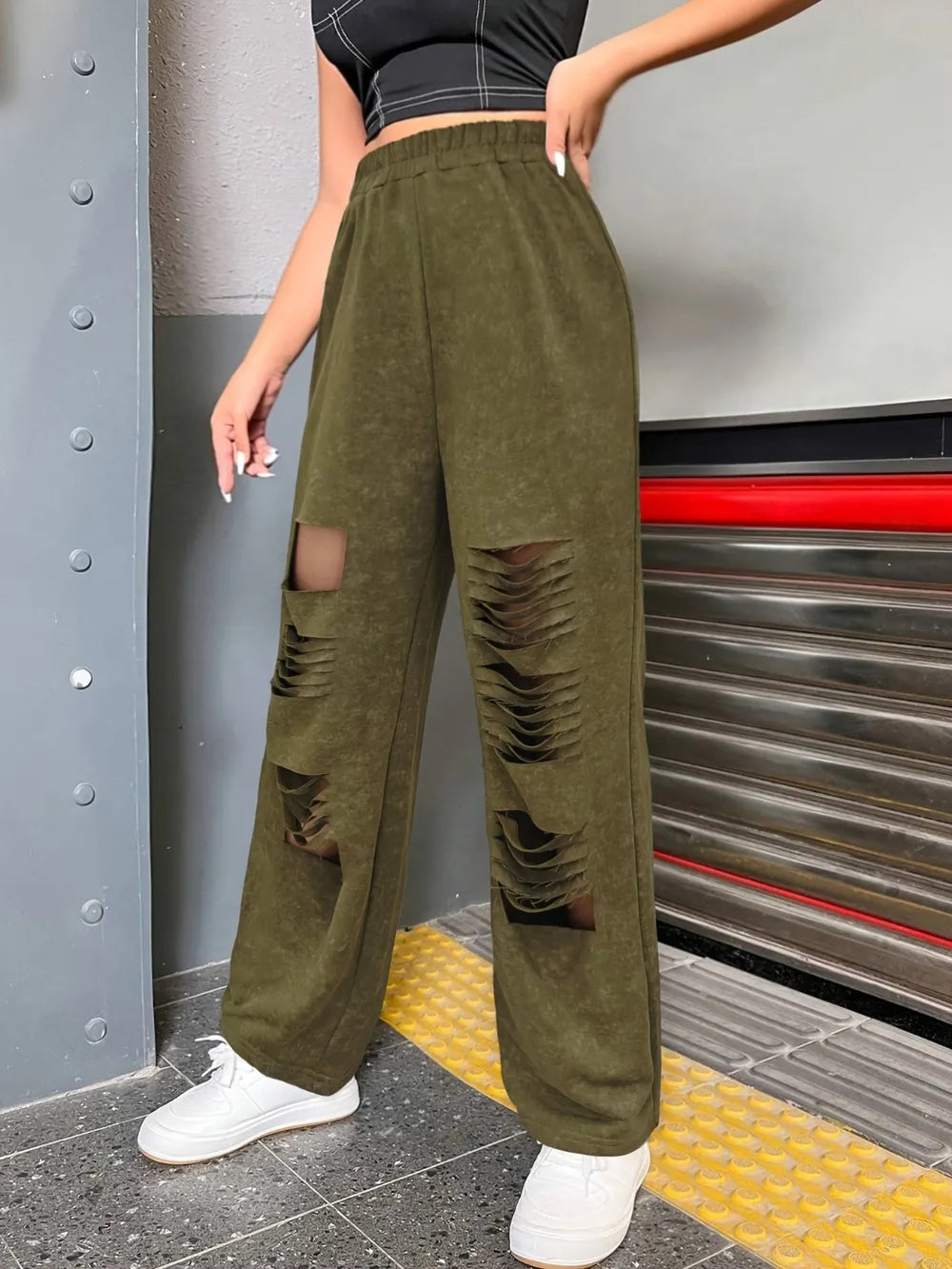 Distressed Straight Leg Pants in Army Green