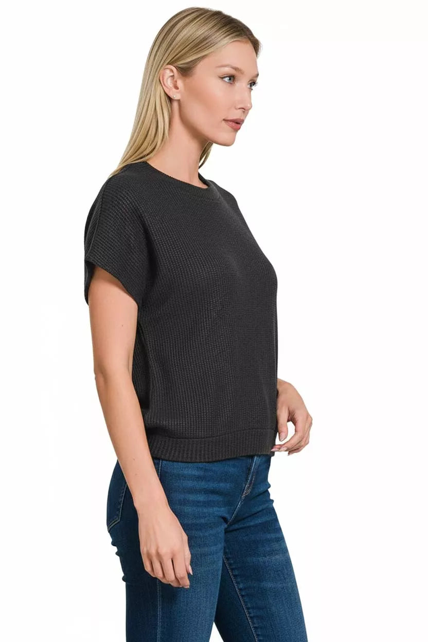 Zenana Round Neck Banded Button Sweater in Black