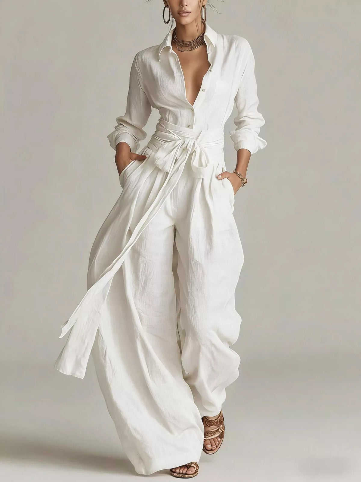 Long-Sleeve Button-Down Waist-Tie Jumpsuit