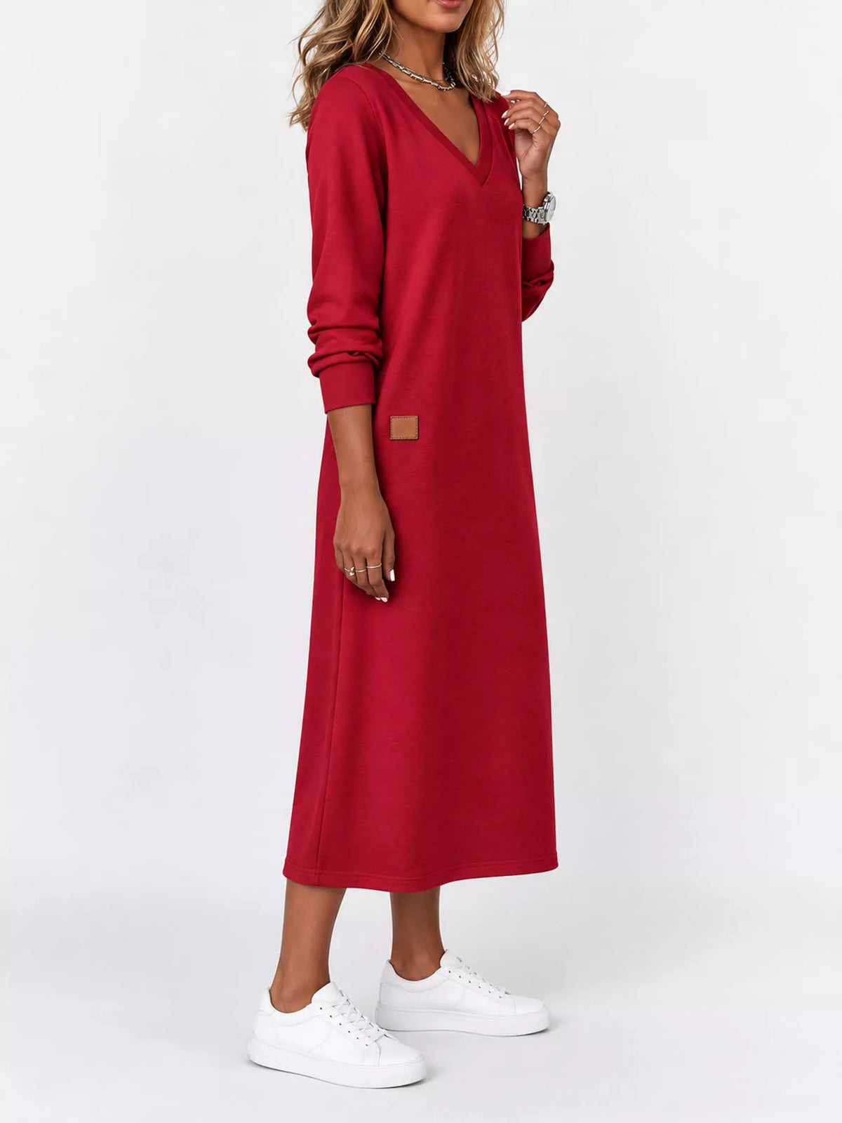 V-Neck Long Sleeve Midi Dress