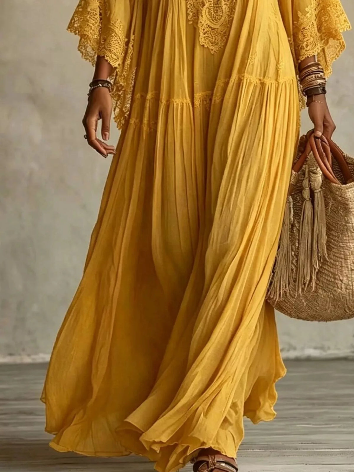 Lace Trim Tiered V-Neck Maxi Dress