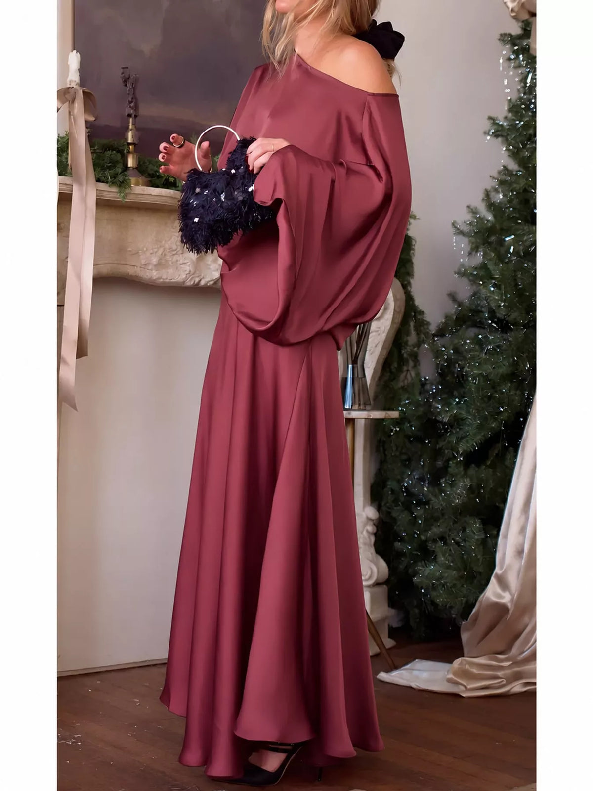 Satin Cape-Sleeve Maxi Dress
