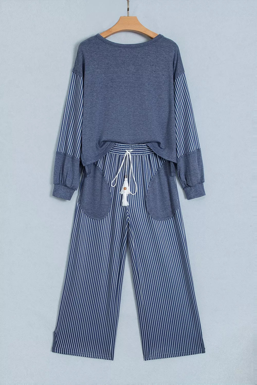Raw Seam Patchwork Top and Pants Set in Dusty Blue