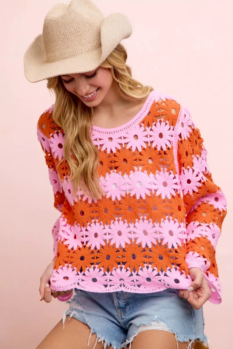Flower Crochet Knit Top in Pink/Red by BiBi