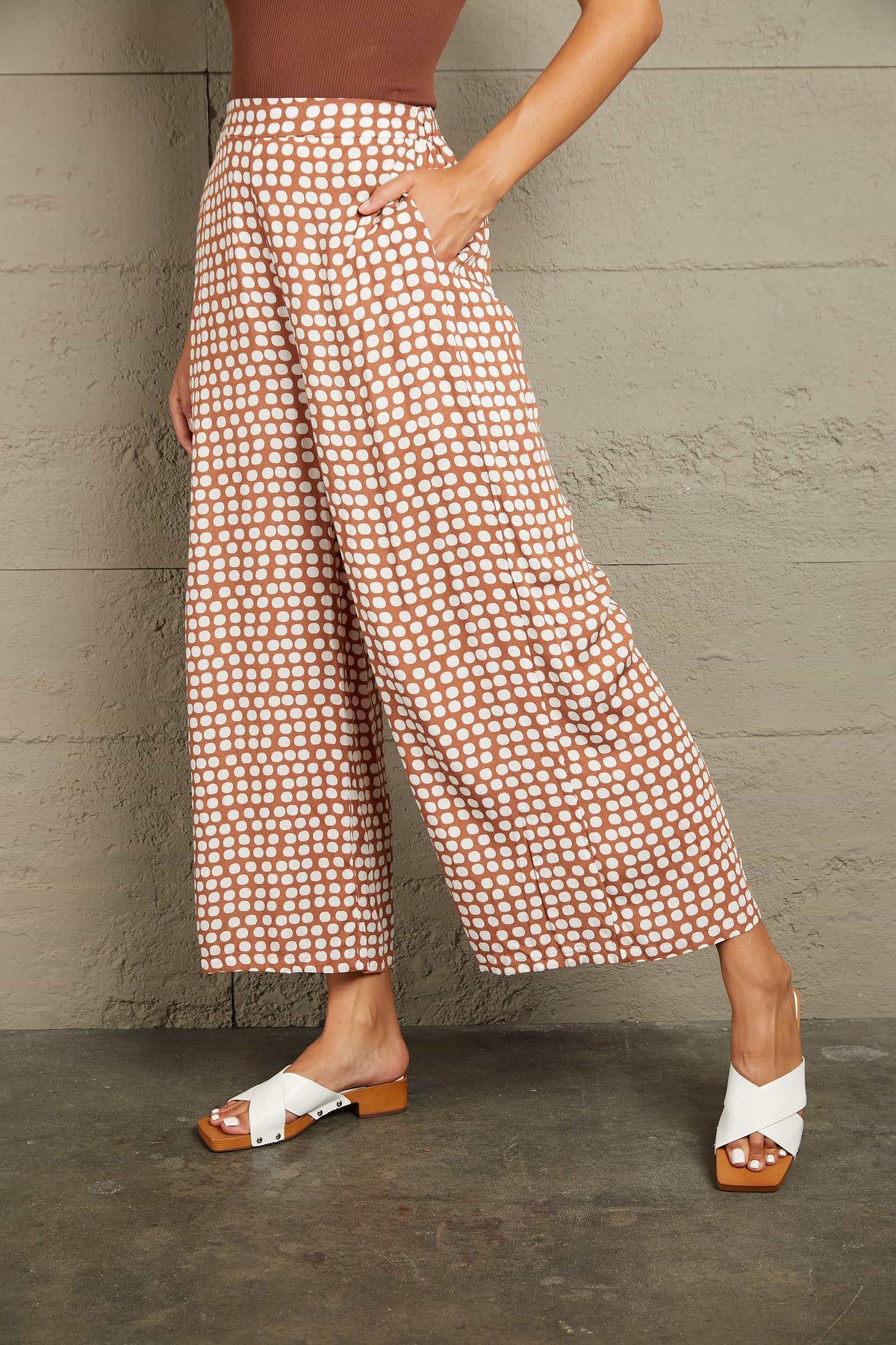 Polka Dot High Waist Wide Leg Pants in Dusty Pink
