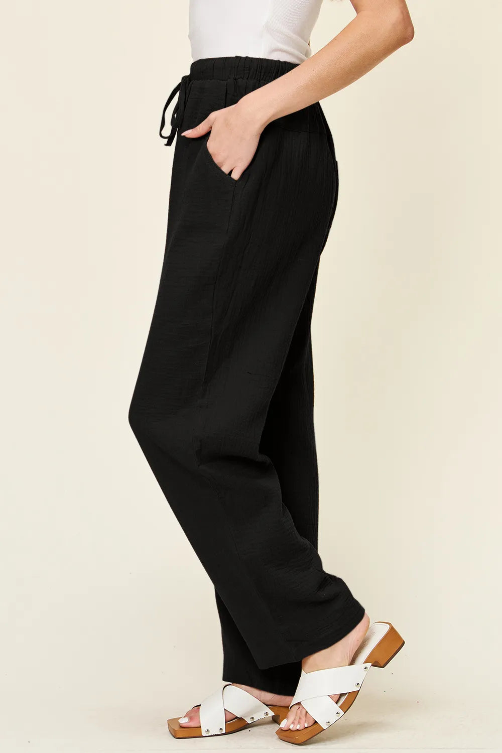 Double Take Textured Drawstring Straight Pants