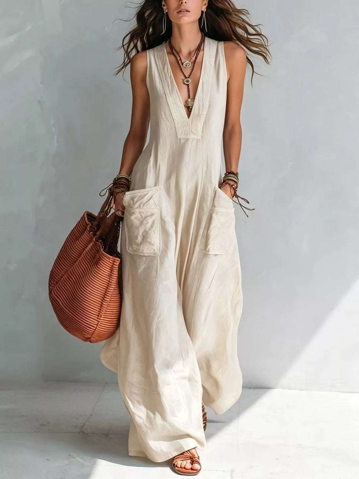 V-Neck Sleeveless Wide Leg Jumpsuit