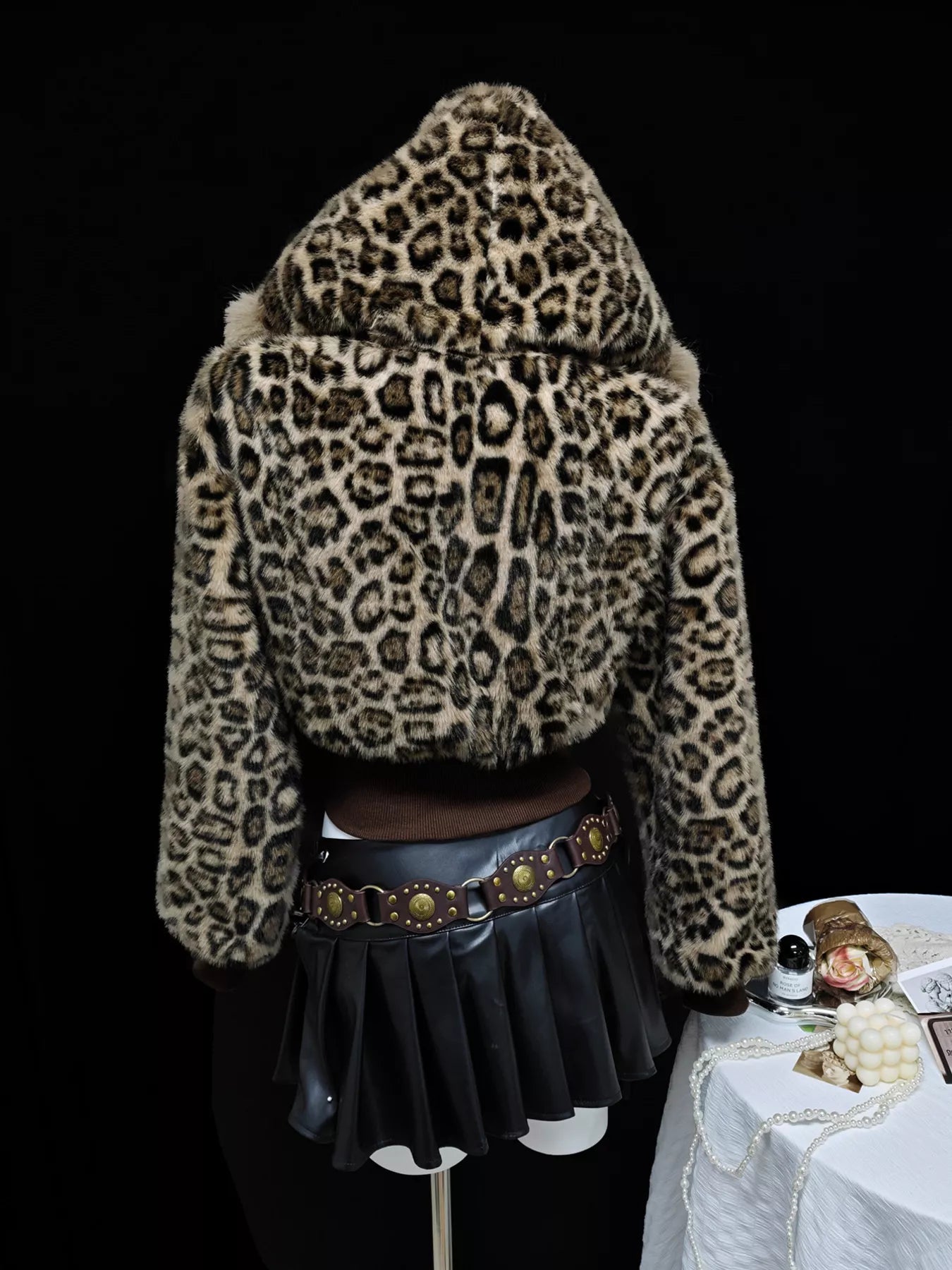 Leopard Faux Fur Hooded Jacket in Brown