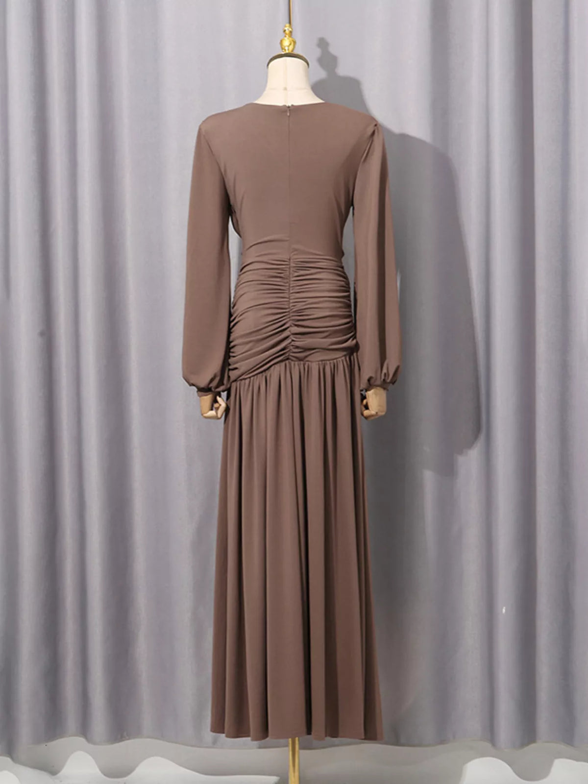 Ruched Long-Sleeve Maxi Dress in Brown
