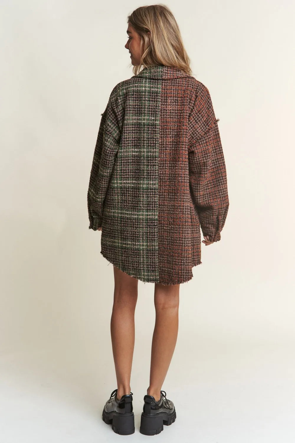 Tweed Plaid Longline Shacket in Misty Forest by J.NNA