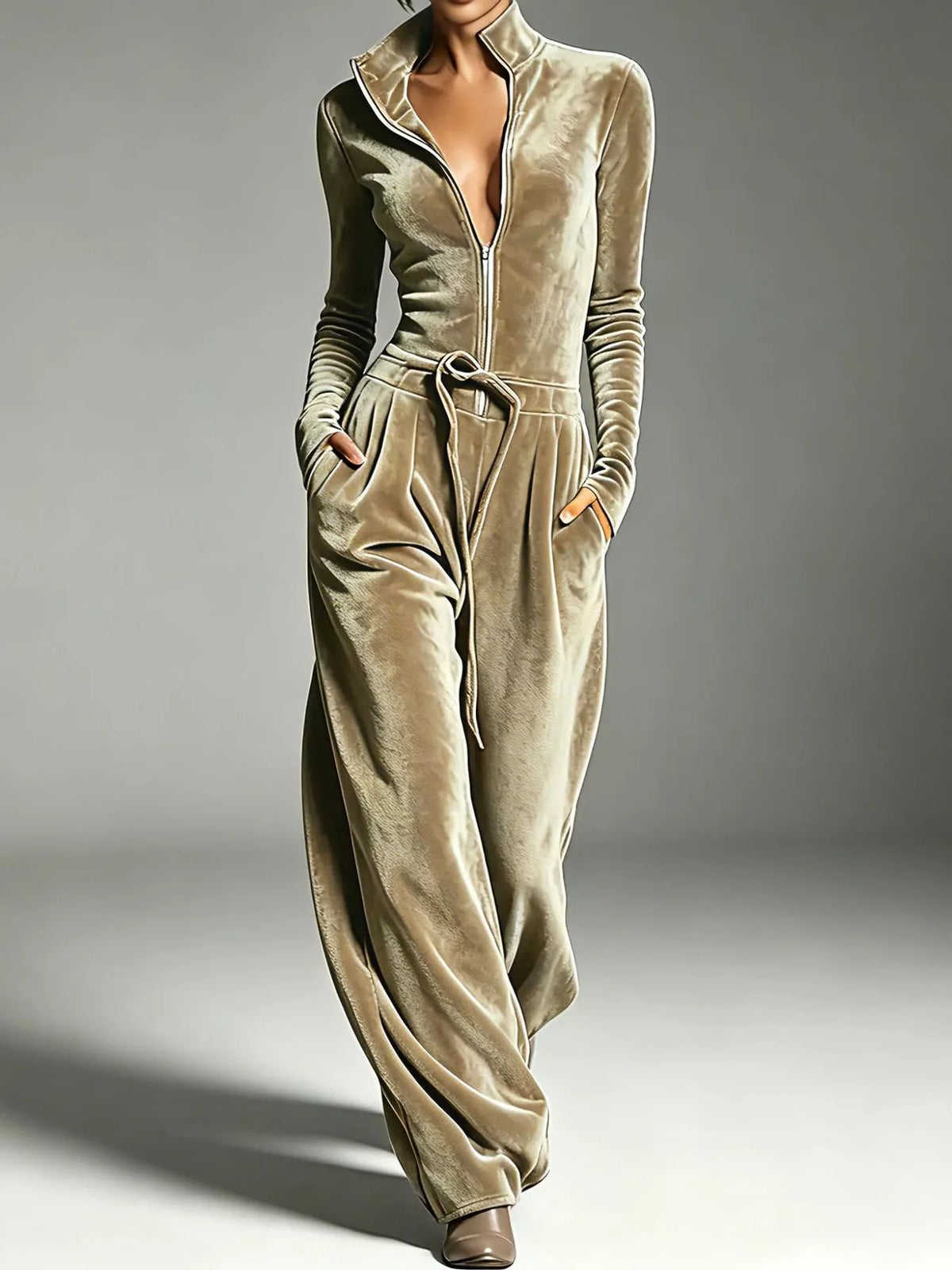Velvet Zip-Up Jumpsuit with Tie Waist