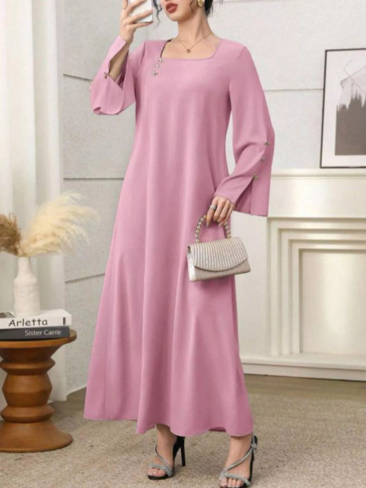 Square Neck Long Sleeve Maxi Dress in Dusty Pink