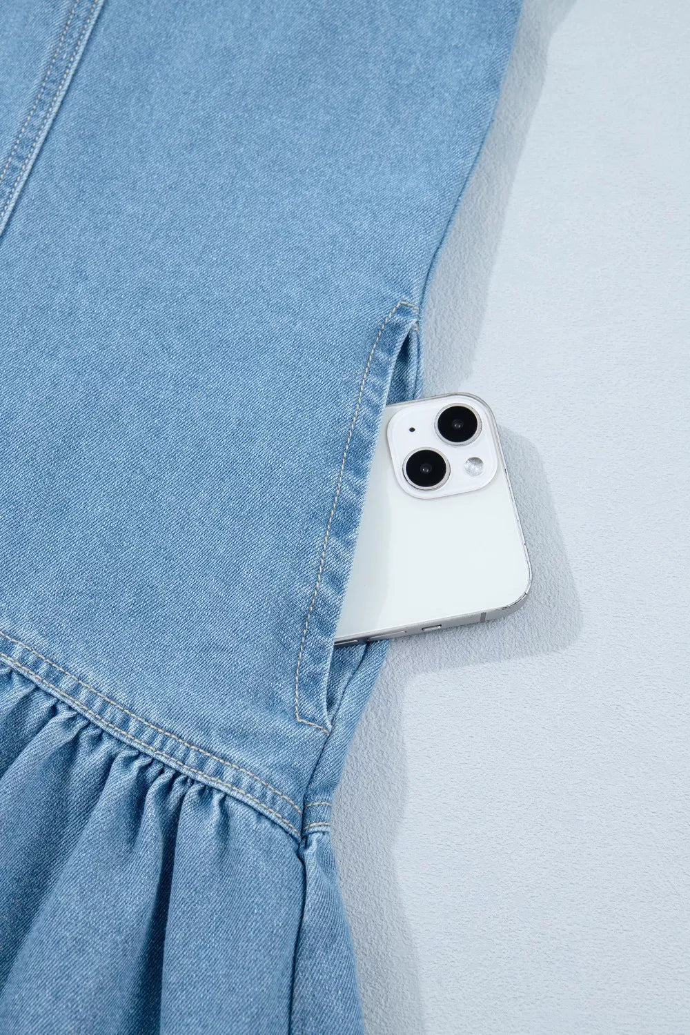 Puff Sleeve Ruffle Hem Denim Shirt Dress in Light Blue