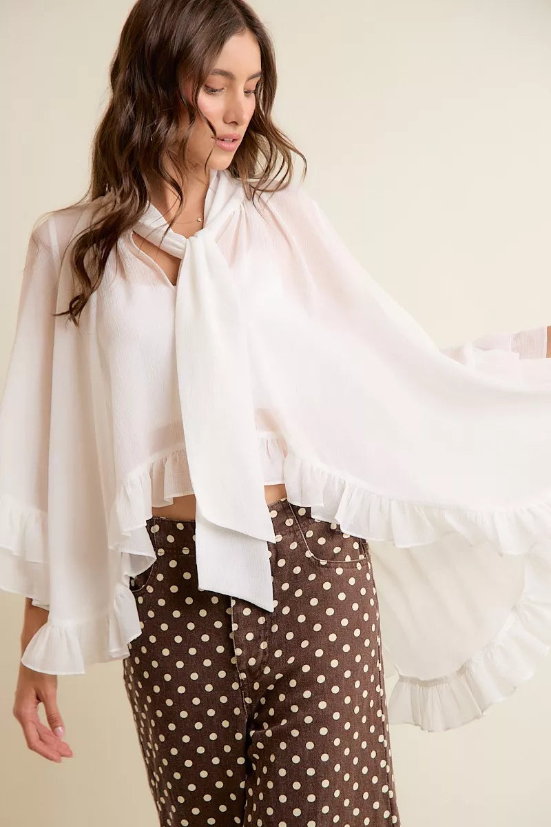 So Me Sheer Ruffle Bell-Sleeve Blouse in White
