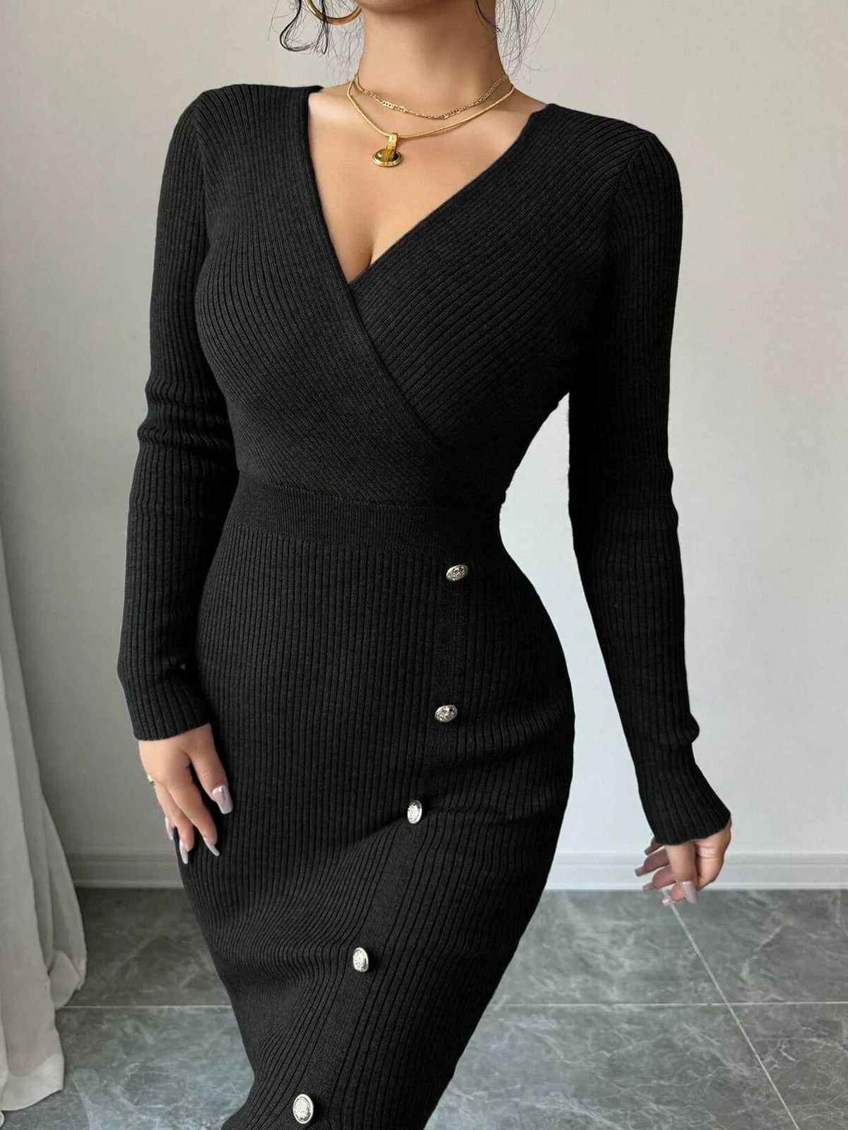Decorative Button Ribbed Knit Sweater Dress