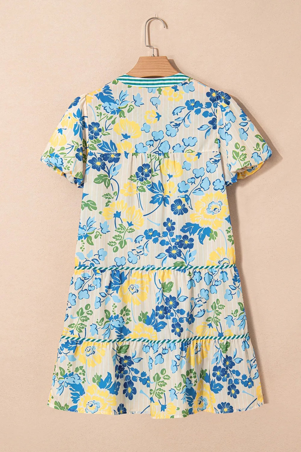 Floral Striped Trim Puff Short Sleeve Dress in Pastel Yellow