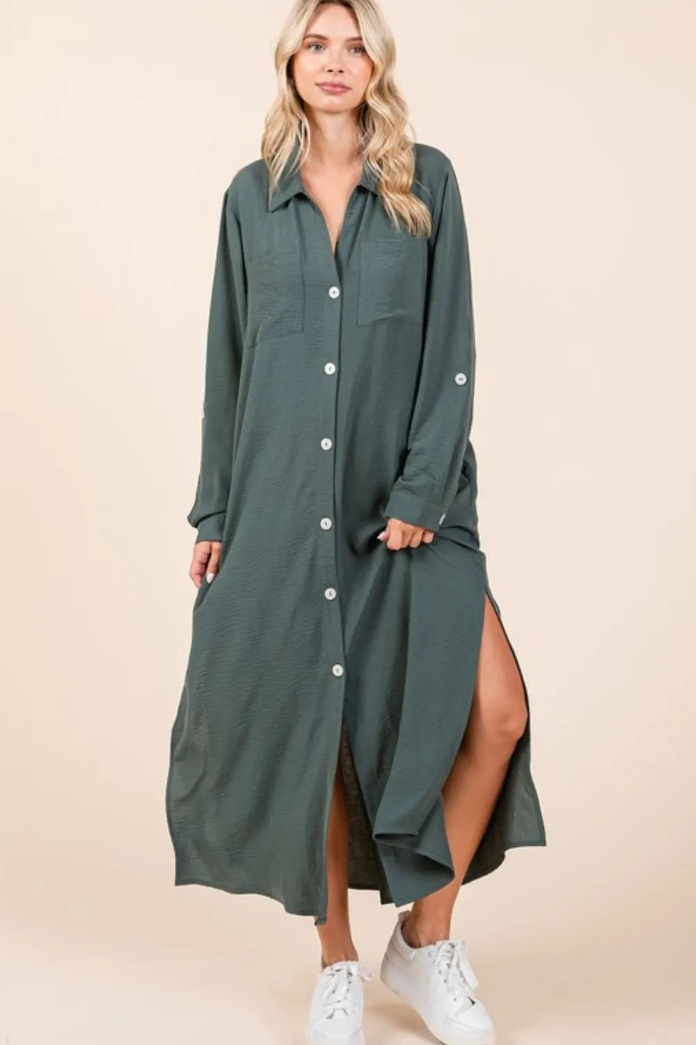 V-Neck Long Sleeve Button-Down Maxi Dress in Light Hunter in Lt Hunter by Mittoshop