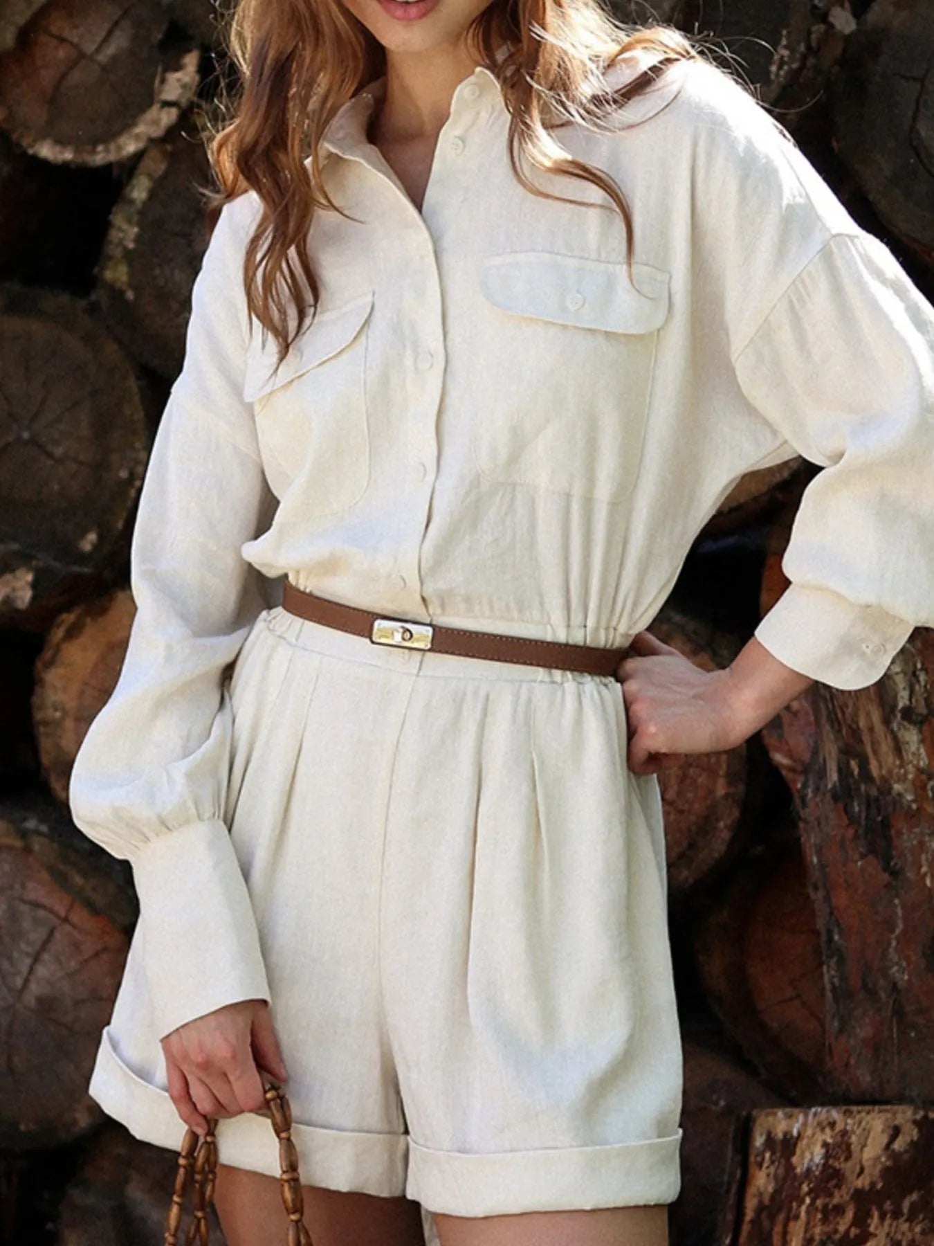 Button Front Long Sleeve Romper in Beige