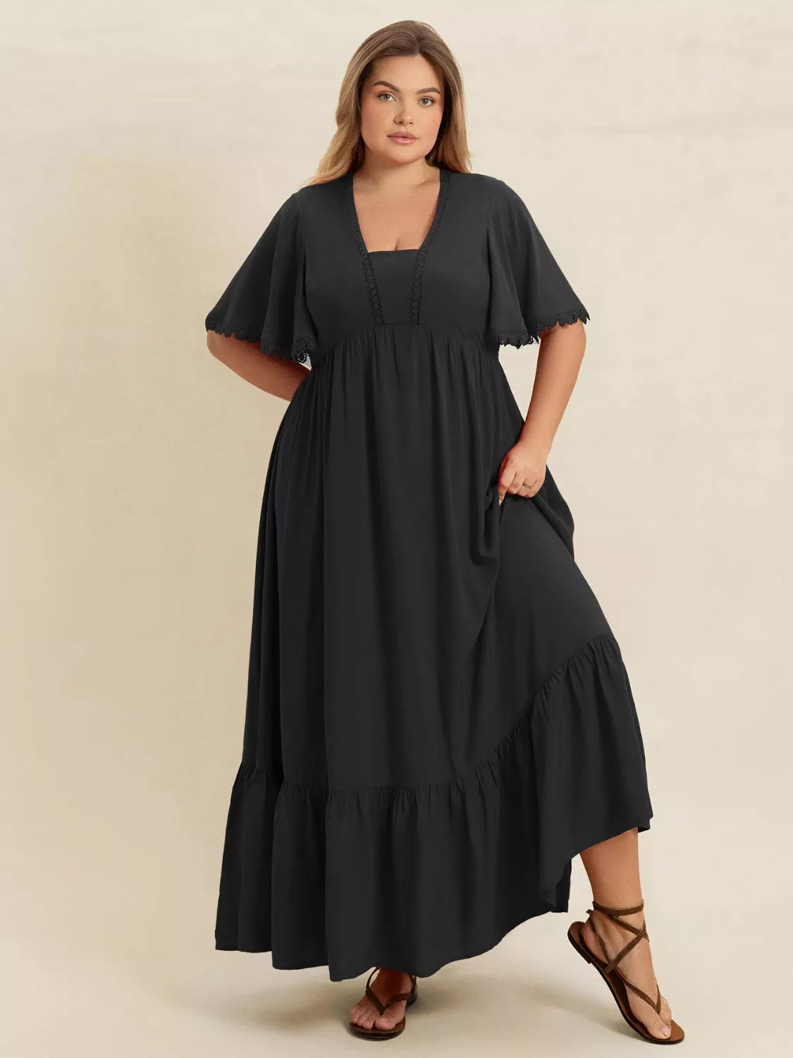 Ruffled Maxi Dress with Flutter Sleeves in Black