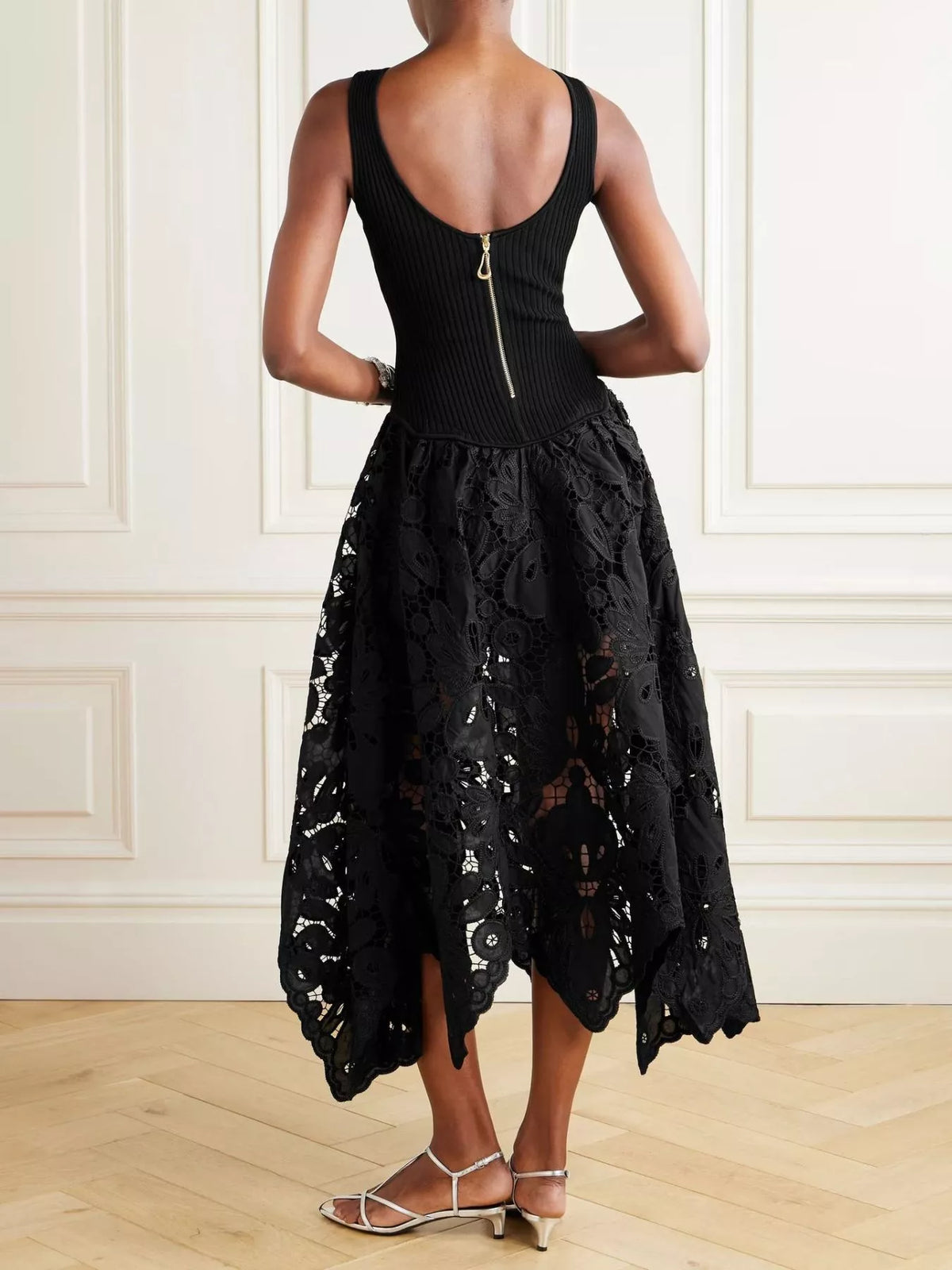 Ribbed Crochet Midi Dress in Black