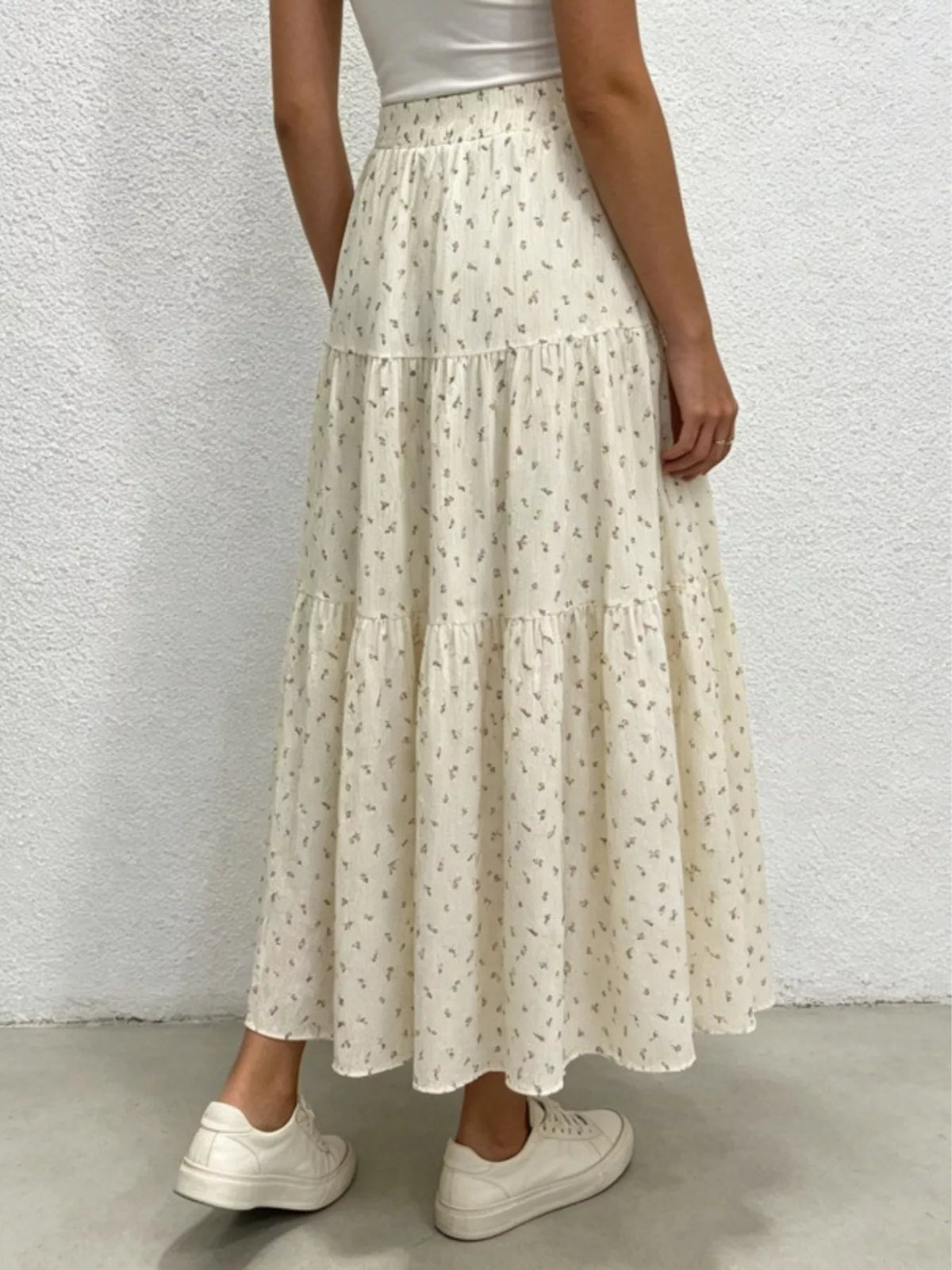 Beige Floral Print Tiered Maxi Skirt