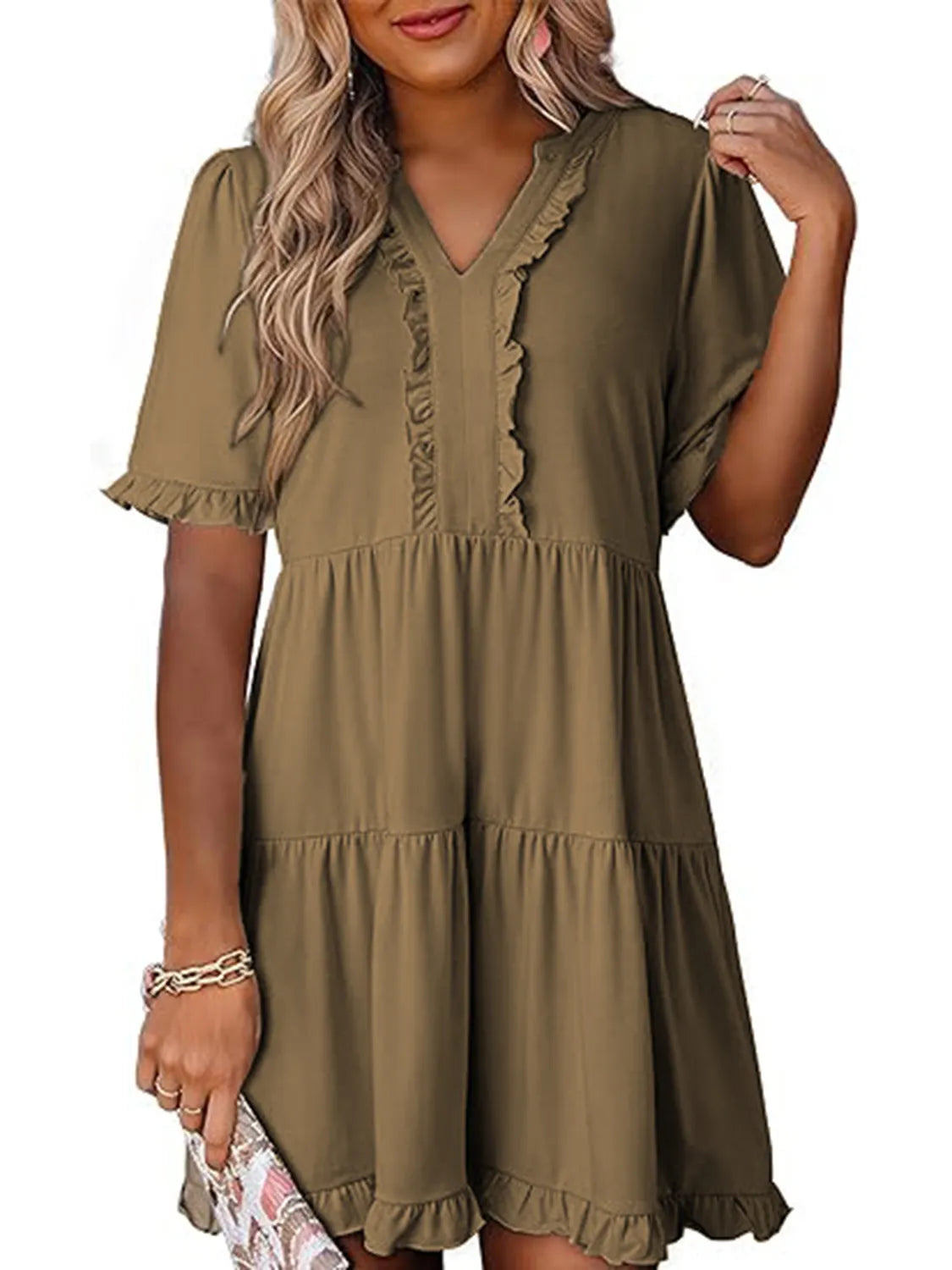 Tiered Notched Short Sleeve Mini Dress by Gen Beauty