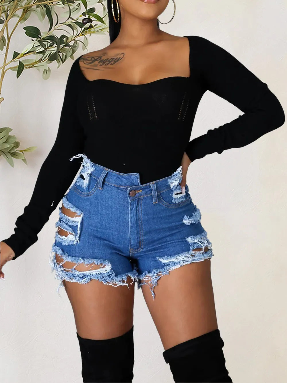 Distressed Raw Hem Denim Shorts with Pockets by DE.C.H & K.M