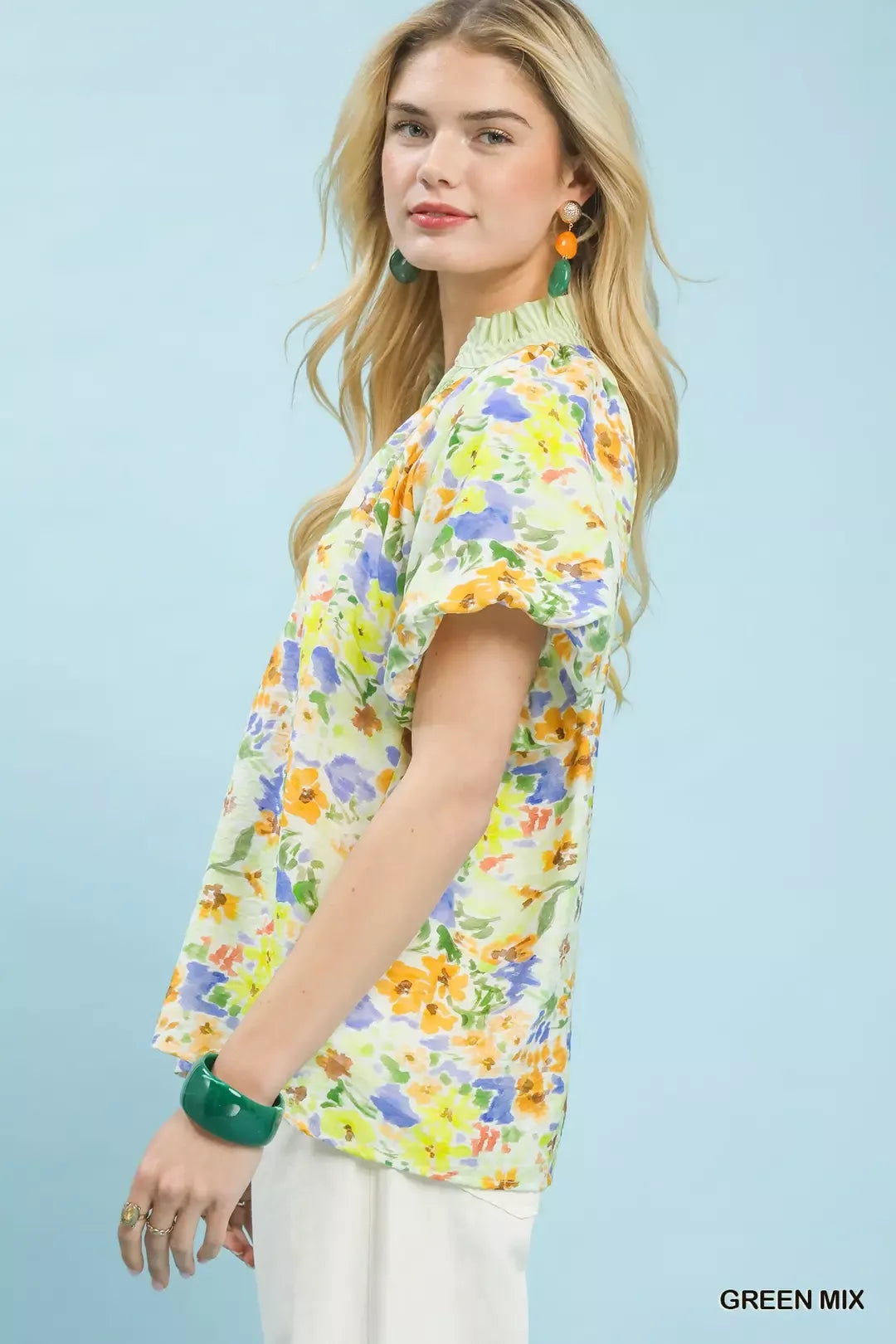 Umgee Watercolor Floral Top in Green Mix
