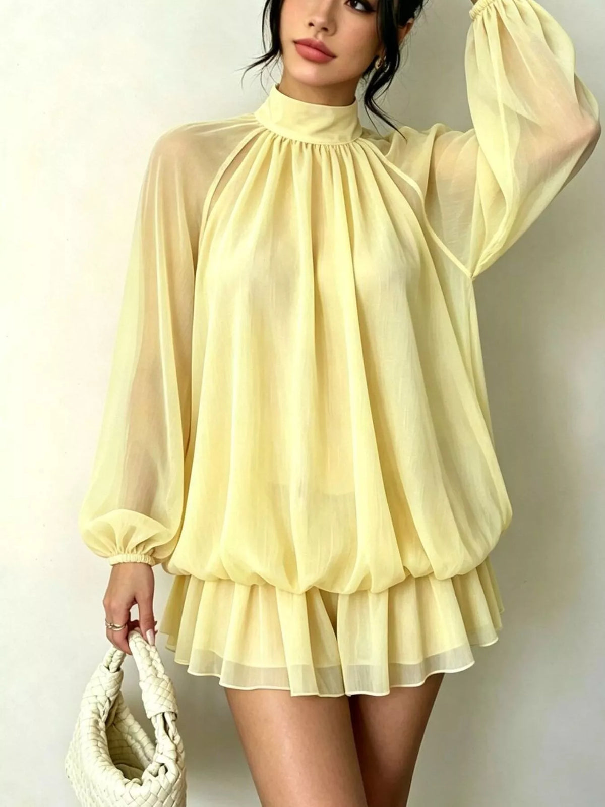 Mock Neck Sheer Chiffon Mini Dress