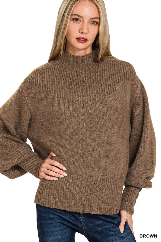 Zenana Balloon Sleeve Mock Neck Sweater in Brown